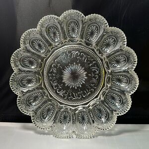 Vintage LE Smith Clear Cut Glass Round 11" Deviled Egg Plate, 15 eggs